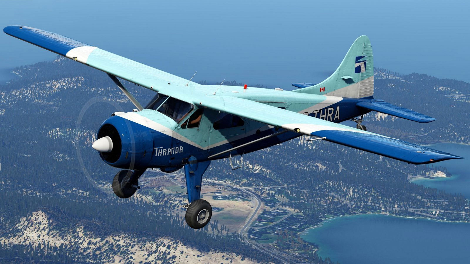 Vintage de Havilland Beaver in flight over the water